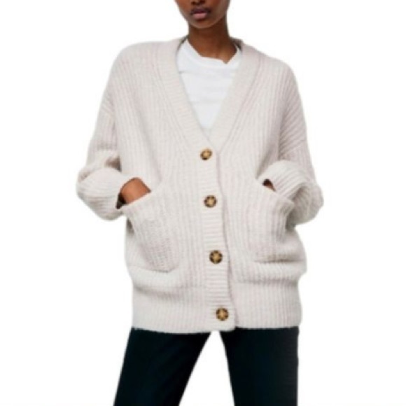 Zara Sweaters - Zara Beige Knit Cardigan with Tortoise Buttons